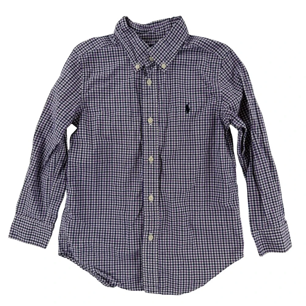 Ralph Lauren Dress Shirt Boys 5 Purple Gingham Button Down Long Sleeve Logo